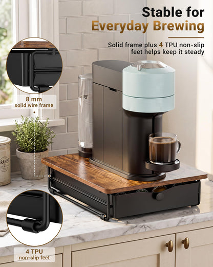 EVERIE Coffee Pod Holder Drawer, Compatible with Nespresso Vertuo Capsules, Holds 40 Large or 52 Small Pods, Flexible Slots for 4 Capsule Sizes, Rustic Brown Countertop Organizer, 15.6" Dx13 Wx3.7 H
