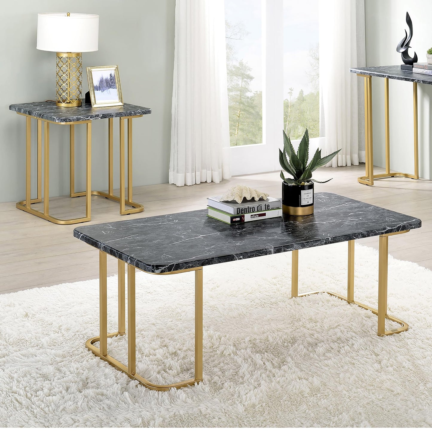 24/7 Shop at Home Scheben Modern Faux Marble Top 2-Piece Coffee Table Set with U-Shaped Metal Base for Living Room, Bedroom, Home Office, Gold Coating and Black
