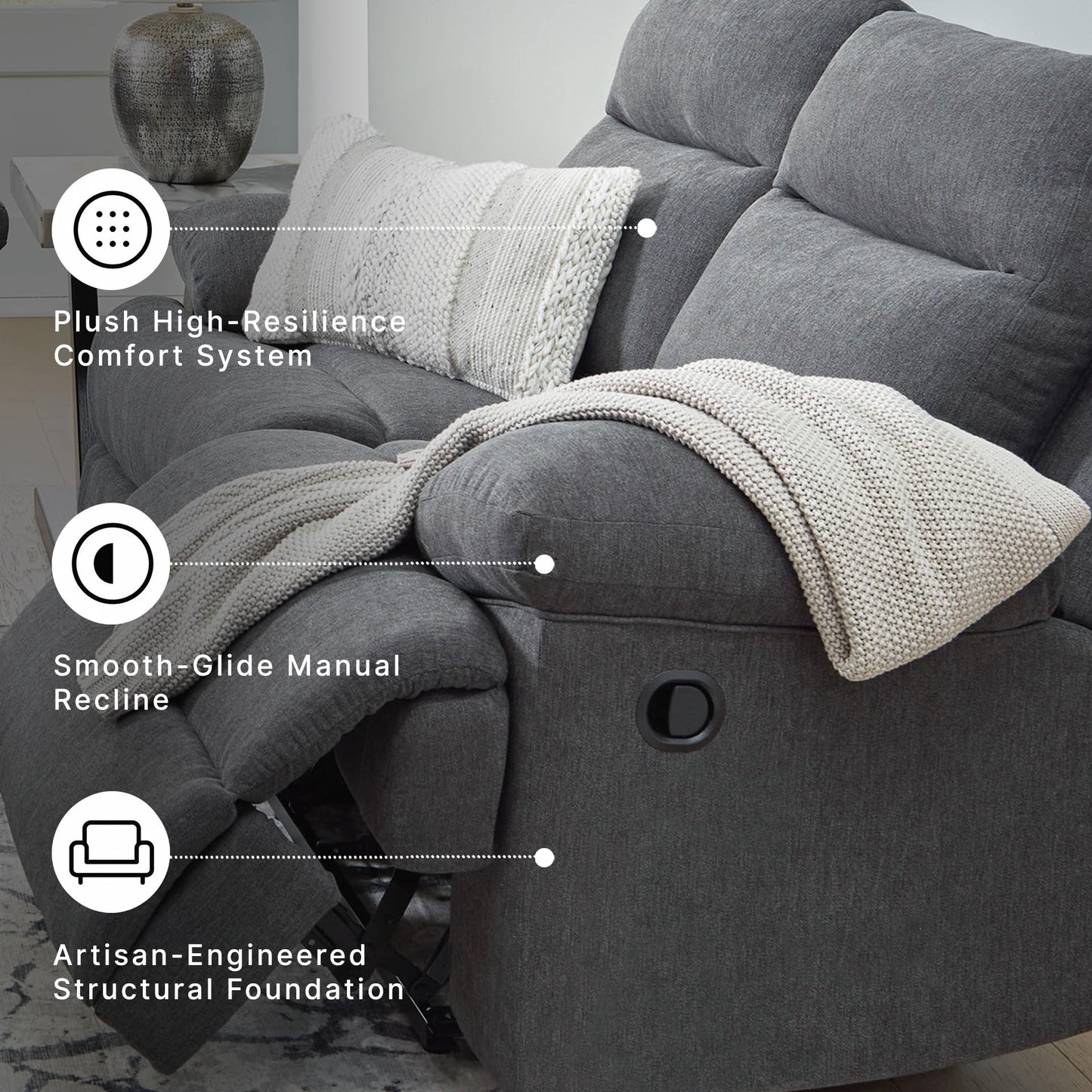 Signature Design by Ashley Yarrow Lane Classic Chenille Manual Pull Tab Reclining Loveseat, Gray