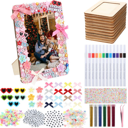 Suncalla DIY Wooden Picture Frames Craft Kit 4 x 6 Inch Wooden Picture Frames with Acrylic Pens Beads Mini Charms Gem Stickers Glitter for Crafts Graduation Birthday Wedding(10 Pcs,Rectangular Shape)