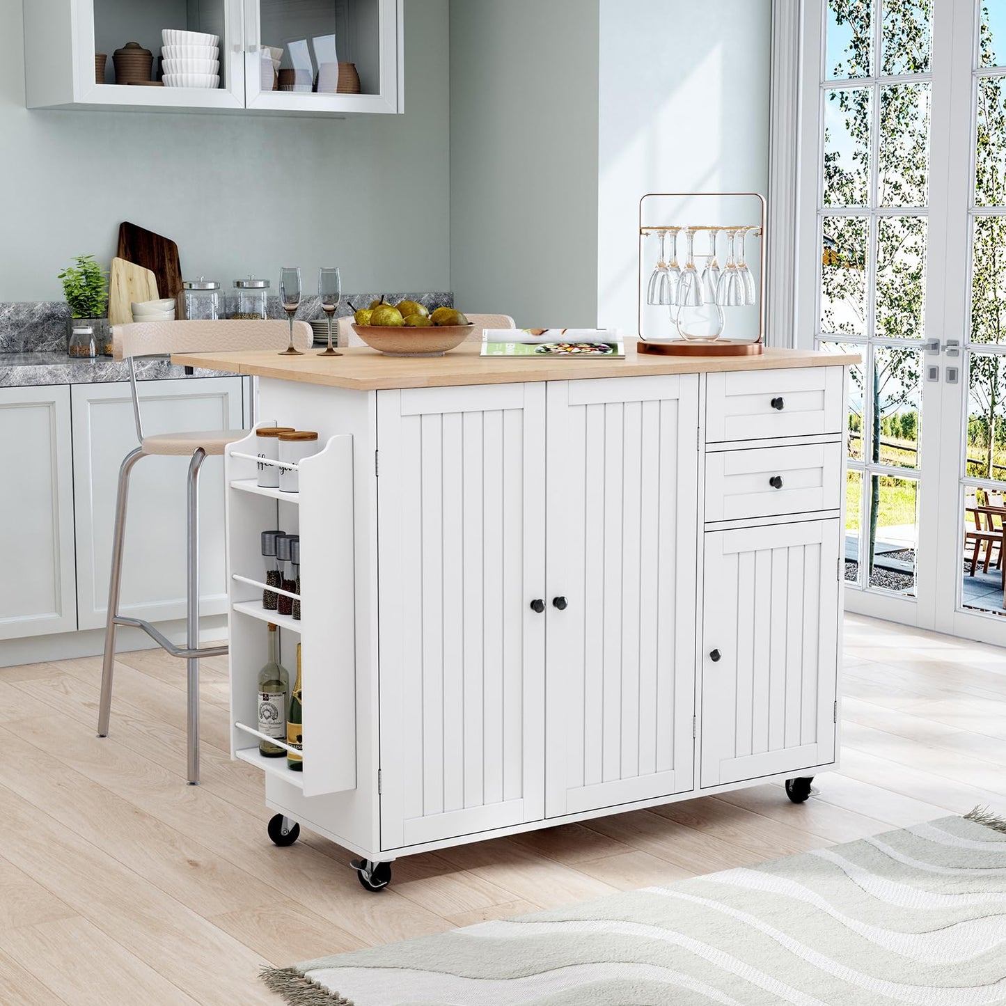 HLR Kitchen Island with Storage, White Rolling Kitchen Island on Wheels with Drop-Leaf Bar Countertop, Island Table for Kitchen with Side Open Spice Rack and Tower Rack, Extra Storage for Kitchen