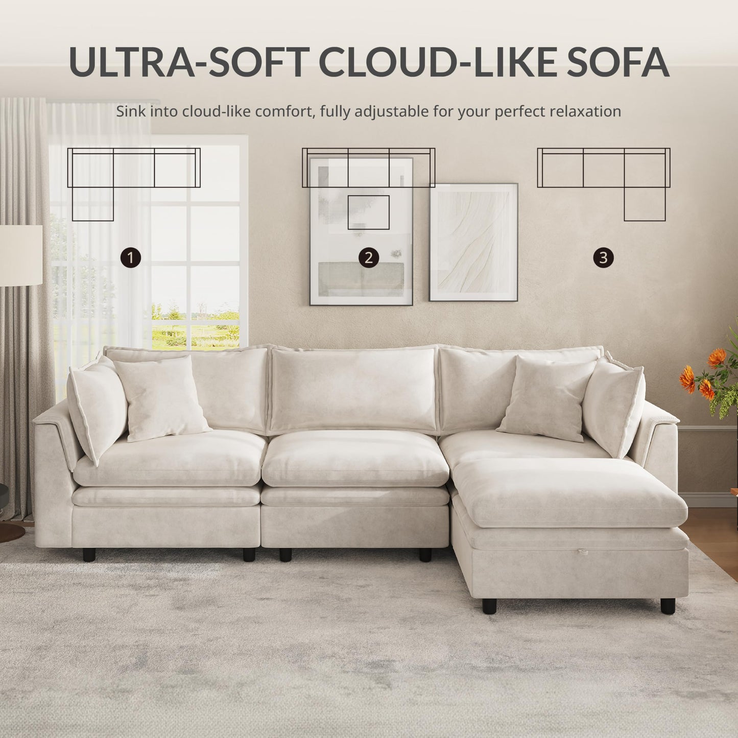 Attalee 113.4'' Modular Sectional Couches for Living Room with Storage Ottoman, Modern Comfy Deep Seat Sleeper Upholstered Cloud Couch Sofa, Oversized 4-Seat L Shaped Couch with Throw Pillows, Beige