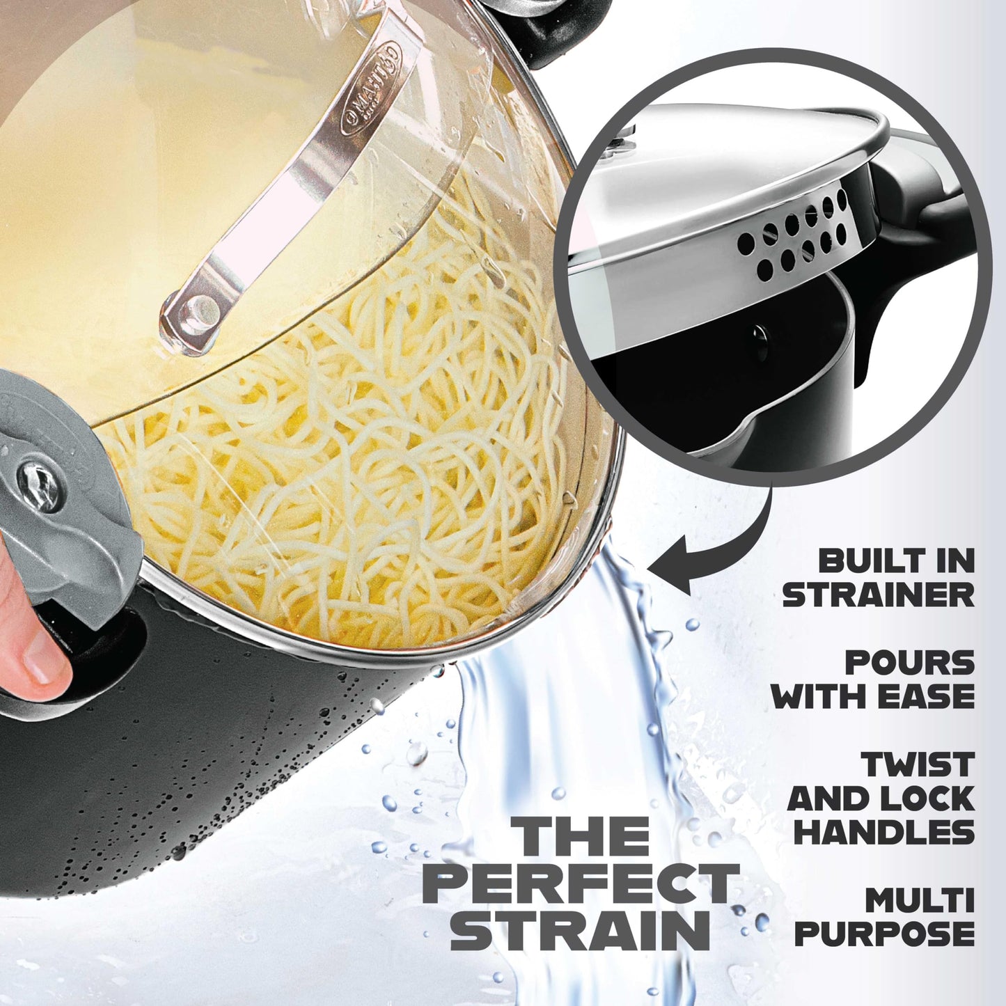 GOTHAM STEEL 5 Qt Nonstick Pasta Pot with Strainer Lid & Twist and Lock Handles, Ceramic Stock Pot with Tempered Glass Lid, Metal Utensil Safe, for Spaghetti Soup & Noodles, Dishwasher Safe, Black