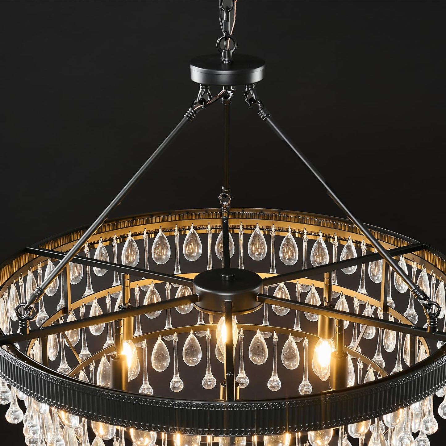 Black Modern Raindrop Crystal Chandelier: 28" Round K9 Crystals Contemporary Chandeliers for Dining Room Lights over Table - Adjustable Large Light Chandelier for Bedroom Living Kitchen Entryway Foyer