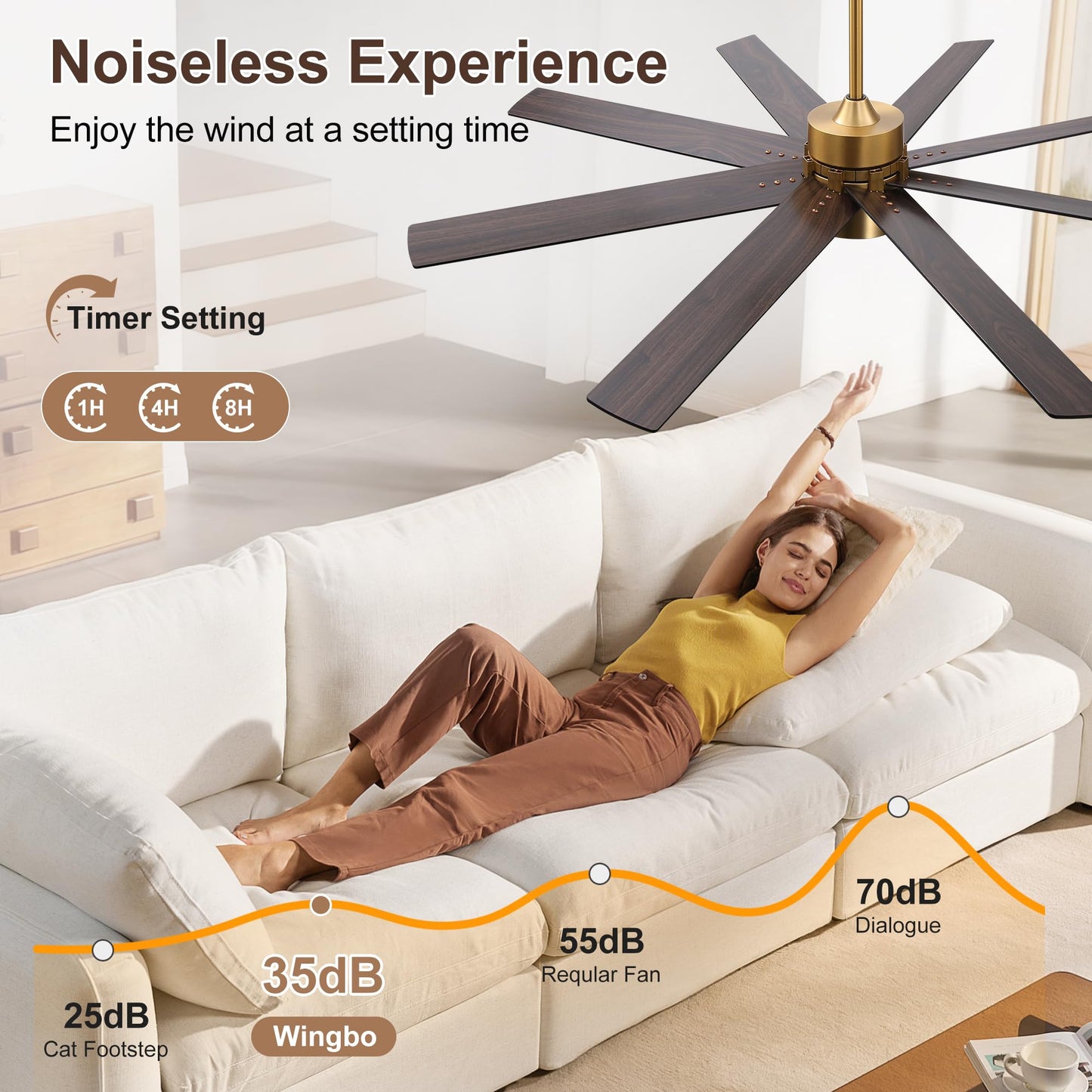 WINGBO 64 Inch Ceiling Fan with Light - 8 Plywood Blades, 6-Speed Reversible DC Motor, Noiseless Remote Control Ceiling Fans with Lights for Bedroom Living Room Kitchen, Gold and Walnut/Black