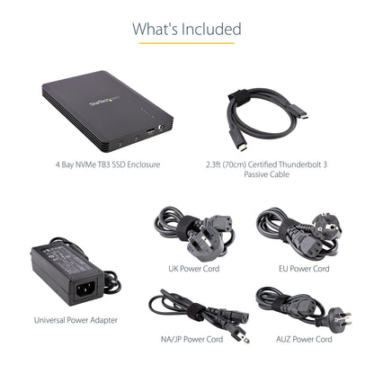StarTech.com 4 Bay Thunderbolt 3 NVMe Enclosure, for M.2 NVMe SSD Drives, 1x DisplayPort Video/ 2X TB3 Downstream Ports, 40Gbps, 72W Power Supply, External Hard Drive Enclosure , TAA (M2E4BTB3)