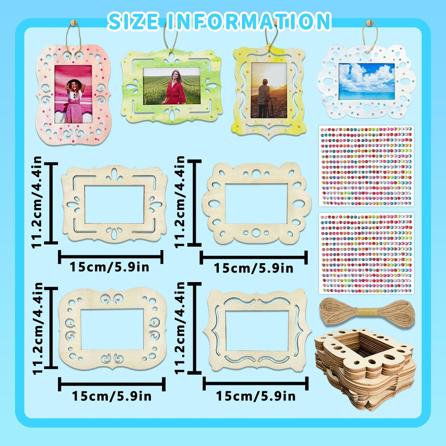 KitsyKraft DIY Wooden Photo Frame Craft Kit - 24 Pcs Unfinished Frames, 2 Rhinestone Sheets & 10m Twine for Personalized Home Decor