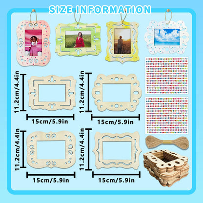 KitsyKraft DIY Wooden Photo Frame Craft Kit - 24 Pcs Unfinished Frames, 2 Rhinestone Sheets & 10m Twine for Personalized Home Decor