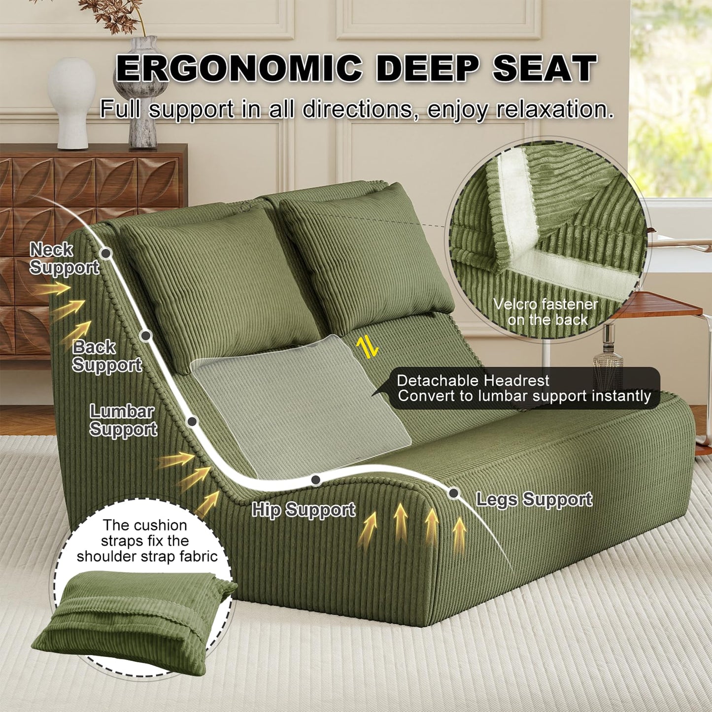 Giant Bean Bag Chair for Adults - Indoor Chaise Lounge with Pillows & Ottomans, Upholstered Loveseat Floor Sofa Chair for Reading, Gaming, Napping, and Movies (Olive Green)