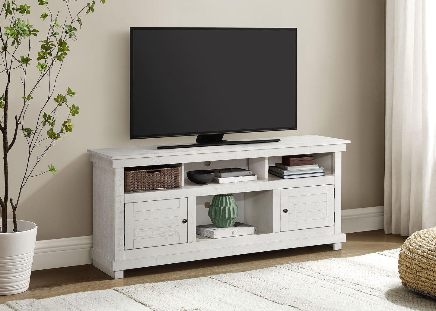 Coaster Home Furnishings - Payne - Wood - TV Stand with Two Door Cabinets, Shelves, Roughhewn Details and Farmhouse Style - Living Room - 60-Inch - Distressed White - 710052
