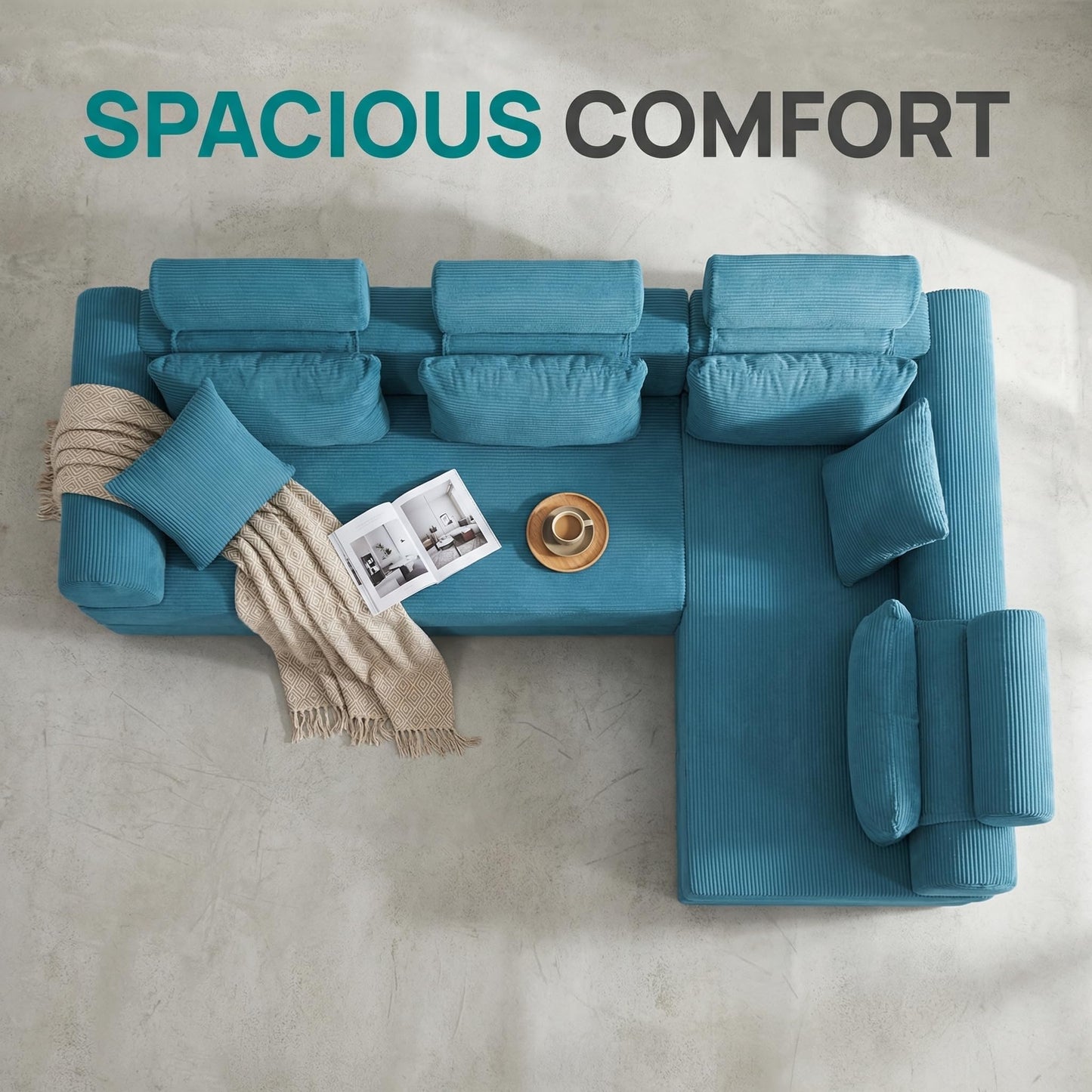 KEIKI 6-in-1 Folding Convertible High Back Sofa Sleeper, 106" Oversized Modular Sectional Corduroy Upholstered L Shape Couches for Living Room, Deep Cushion for Open Concept Living, Grayish Green