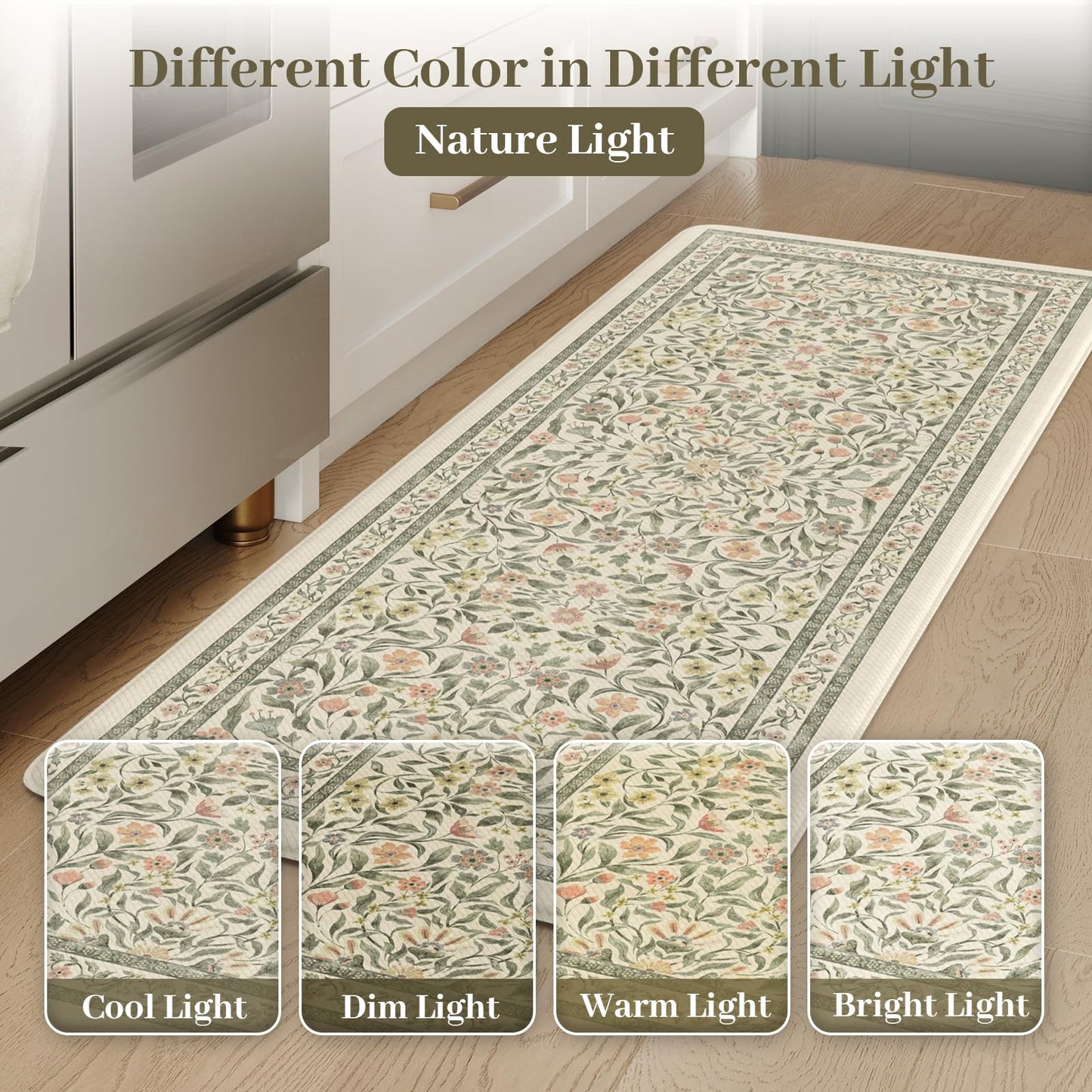 KIMODE Anti Fatigue Kitchen Mats for Floor, Boho Floral Kitchen Rugs Sets of 2, Cushioned Kitchen Floor Mats Non Slip, Comfort Spring Rugs for Kitchen Floor Sink Laundry Desk Beige 17.3"x29"+17.3"x47"