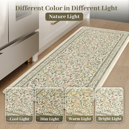 KIMODE Anti Fatigue Kitchen Mats for Floor, Boho Floral Kitchen Rugs Sets of 2, Cushioned Kitchen Floor Mats Non Slip, Comfort Spring Rugs for Kitchen Floor Sink Laundry Desk Beige 17.3"x29"+17.3"x47"