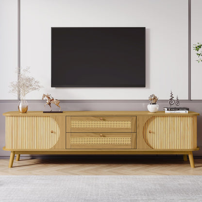Merax Rattan TV Stand for TVs up to 75", Modern Farmhouse Media Console with Multi-Functional Storage, Boho Entertainment Center with Solid Wood Legs, Television Cabinet for Living Room, Natural+Wood