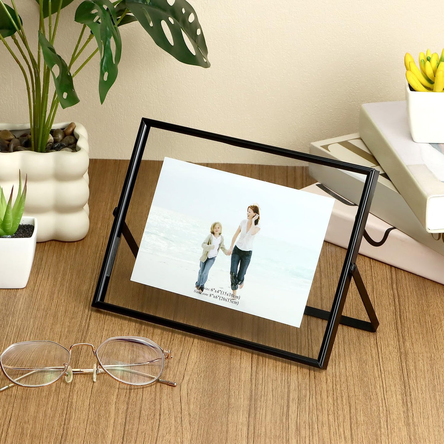 QWORK 6x8 Inch Black Floating Picture Frame Horizontal, Fits 5x7 4x6 3x5 Photos, Glass Double Panel Metal Frame for Tabletop Display