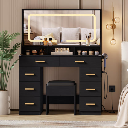 GarveeHome Makeup Vanity Desk with LED Mirror & Charging Station, 42" Dressing Table with Cushioned Stool, Glass Top & 8 Drawers & Hairdryer Rack, for Modern Bedroom Dressing Room, Black