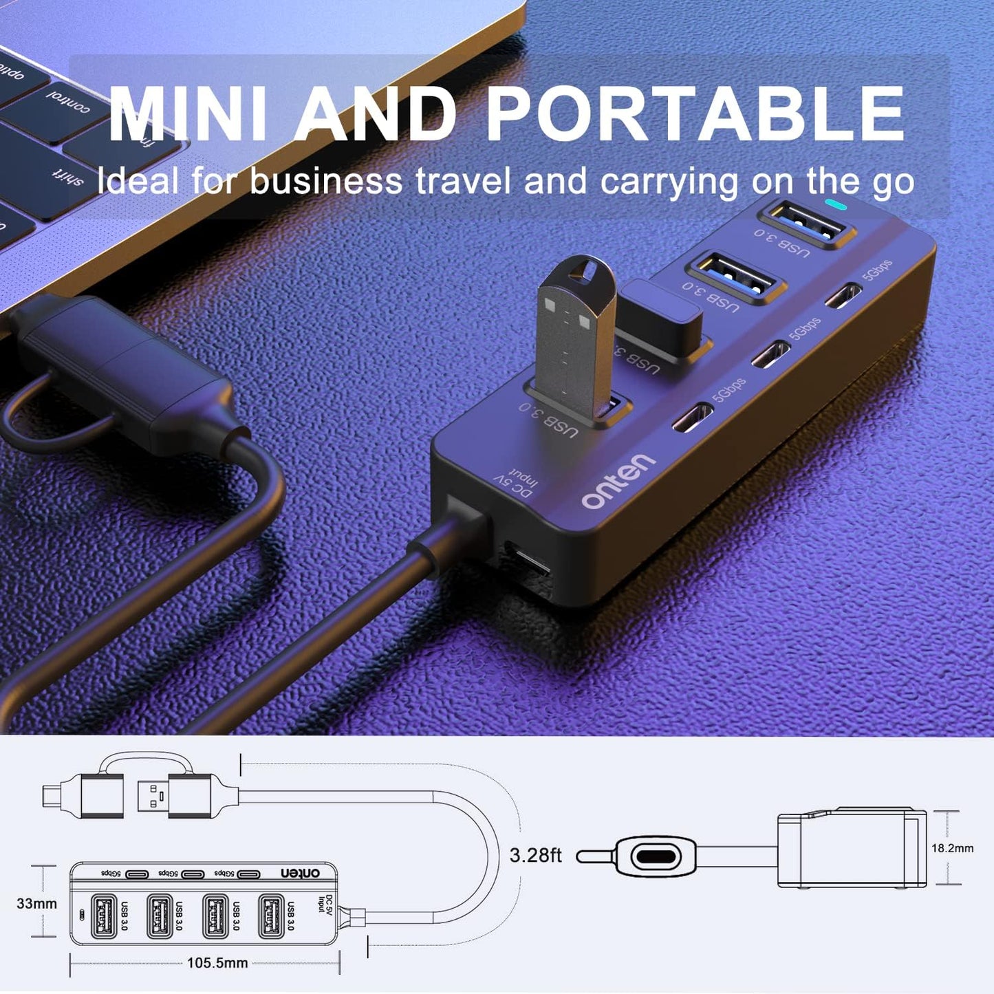 Onten USB C Hub,7 Ports USB3.0 to USB-C HUB with a USB C to USB 3.0 Adapter. 3.2ft Cable 4*USB3.0 Ports,3*USB C Ports forThunderbolt 3/4 MacBook Surface Pro and More USB/USB C Devices