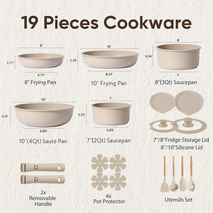 CAROTE 19pcs Pots and Pans Set Non Stick, Nonstick Cookware Set Detachable Handle, Induction Kitchen Cooking Sets with Removable Handle, RV Kitchen, Oven Safe, Taupe