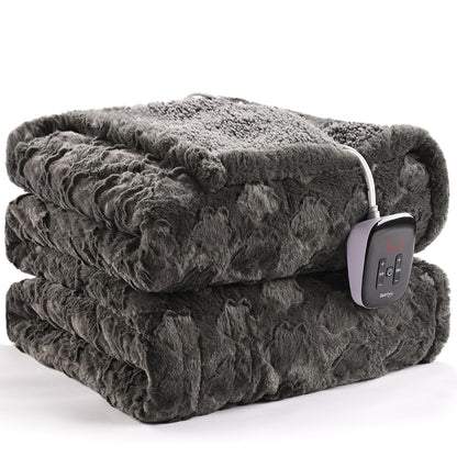 Bearhug Electric Blanket King Size 100" x 90", Dual Controller Heated Blanket, White Flower Patterns Faux Fur & Warm Sherpa, 10-Heat Levels & 1-12H Auto Off,ETL, Machine Washable