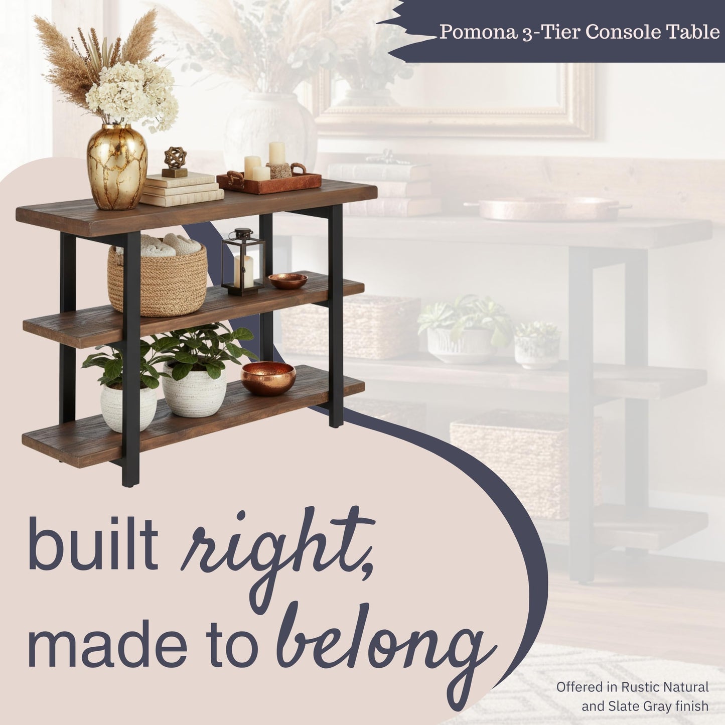 Alaterre Furniture Pomona 3-Tier Solid Wood Media Console Table with 2 Open Shelves and Metal Legs - Rustic Industrial Farmhouse TV Stand and Storage Console (Rustic Brown)