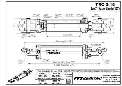 Magister Hydraulics Double Acting Hydraulic Cylinder - AG Tie-Rod Hydraulic Cylinder 2500 PSI Agriculture Standard 3" bore 18" Stroke (3x18)