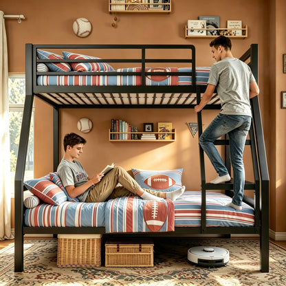 nesture. Bunk Bed Twin Over Full, Heavy Duty Metal Bunkbeds with Full-Length Guardrail, Space-Saving Steel Bed for Kids & Adults, No Box Spring Required, Rustic Brown