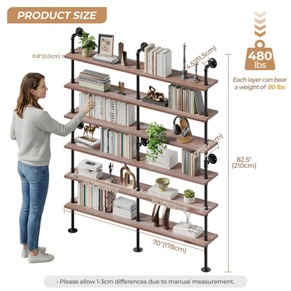 Anynice Industrial Ladder Shelf Bookcase, Wall Mounted Rustic Bookshelf, Retro Wood Metal Pipe Industrial Shelves for Living Room(Weathered Brown, 6 Tier - 10" D x 70" W x 82.5" H)