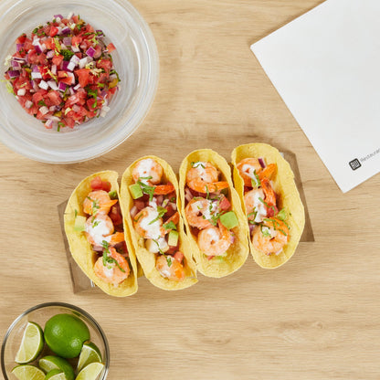 Restaurantware 10.7 Inch x 4 Inch Taco Stand 1 Holds 4 Tacos Taco Rank - Reversible Dishwasher Safe Stainless Steel Taco Holder For Hard Or Soft Shells