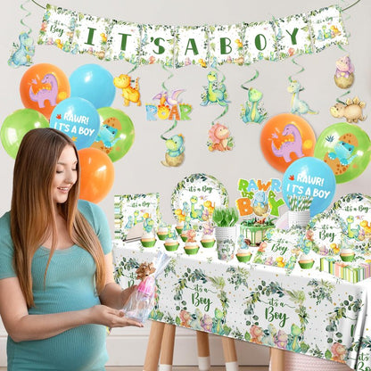 Dinosaur Baby Shower Decorations for Boy, It's a Boy Baby Shower Party Supplies Disposable Dino Plates Napkins Banner Tablecloth Cake Topper Balloon for Dinosaur Birthday Party Decorations, Serve 24