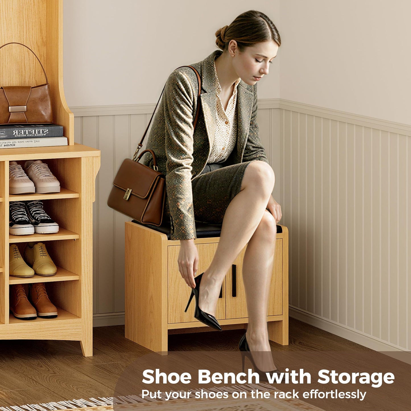 IRONCK Hall Tree with Bench and Shoe Storage, 6-in-1 Entryway Bench with Coat Rack, Adjustable Shelf, Hanging Hooks, 11 Shoe Cubbies, 2-Tier Top Storage, for Entryway, Bedroom, Living Room, Oak