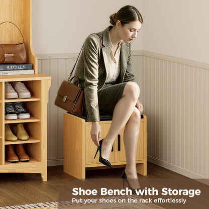 IRONCK Hall Tree with Bench and Shoe Storage, 6-in-1 Entryway Bench with Coat Rack, Adjustable Shelf, Hanging Hooks, 11 Shoe Cubbies, 2-Tier Top Storage, for Entryway, Bedroom, Living Room, Oak