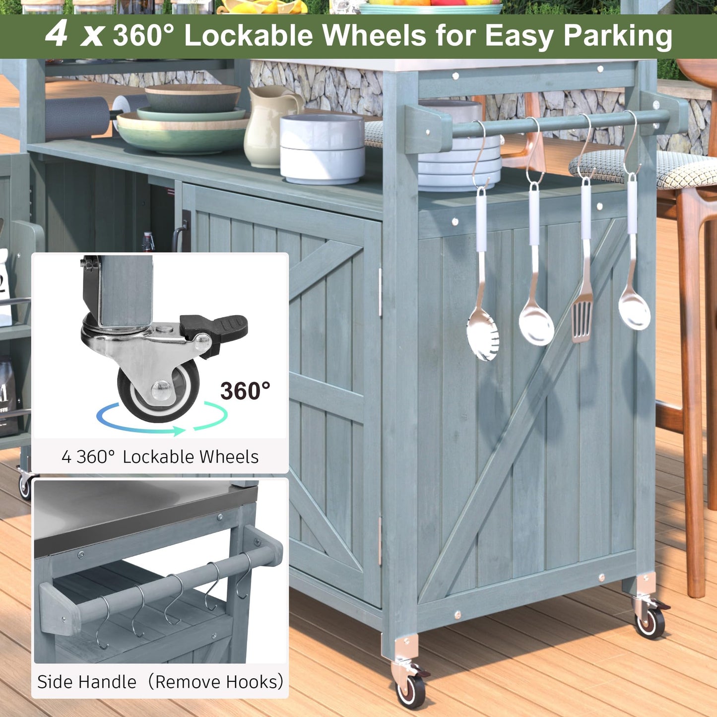 Amposei Outdoor Grill Table Cart 53.3-Inch Solid Wood Garden Patio Rolling Bar Storage Cabinet Kitchen Island with Stainless Steel Top & Lockable Wheels for Food Prep and BBQ, Grey Blue