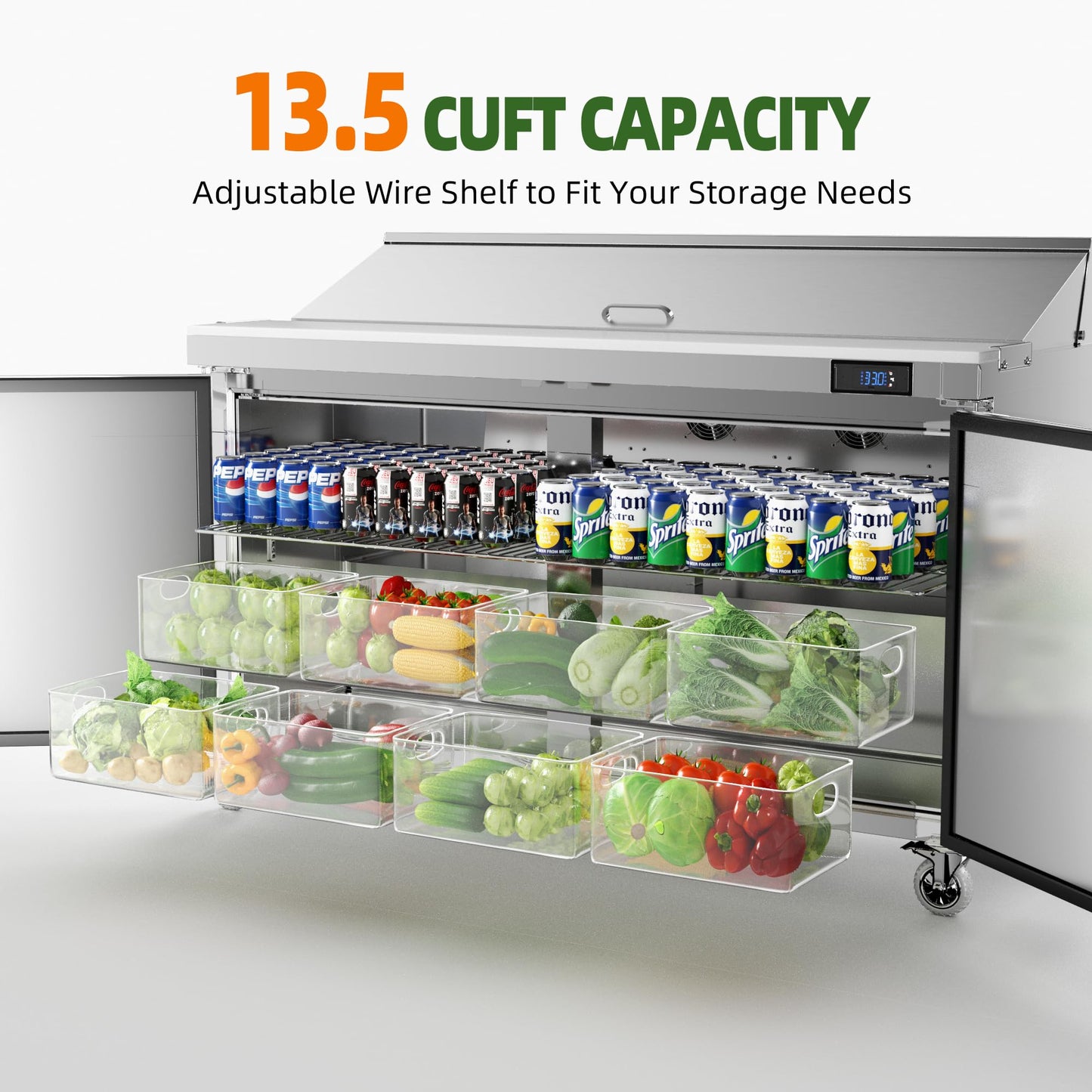 Coolake 60" W 2 Door Commercial Refrigerator Salad Sandwich Prep Table, Stainless Steel 18 Cu.ft Counter Fan Cooling Refrigerator with 16 Pans Restaurant Bar Food Truck, ETL DOE
