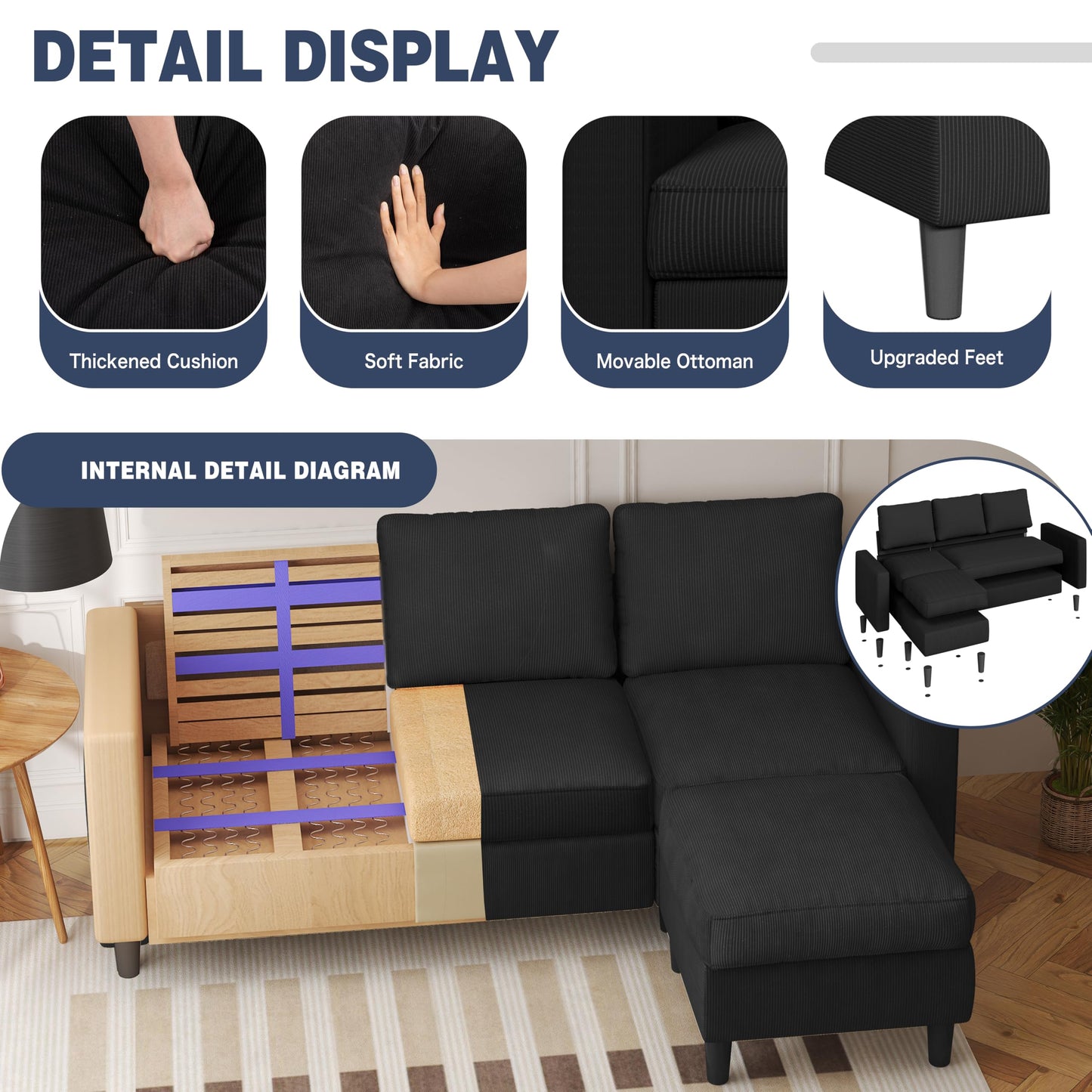 Shintenchi L Shaped Sectional Sofa Couch,Convertible Modular Sofas with Movable Ottoman,3-Seat Upholstered Corduroy Couch,Small Couches for Living Room,Apartment,Office(Black)