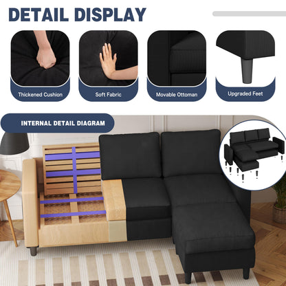Shintenchi L Shaped Sectional Sofa Couch,Convertible Modular Sofas with Movable Ottoman,3-Seat Upholstered Corduroy Couch,Small Couches for Living Room,Apartment,Office(Black)