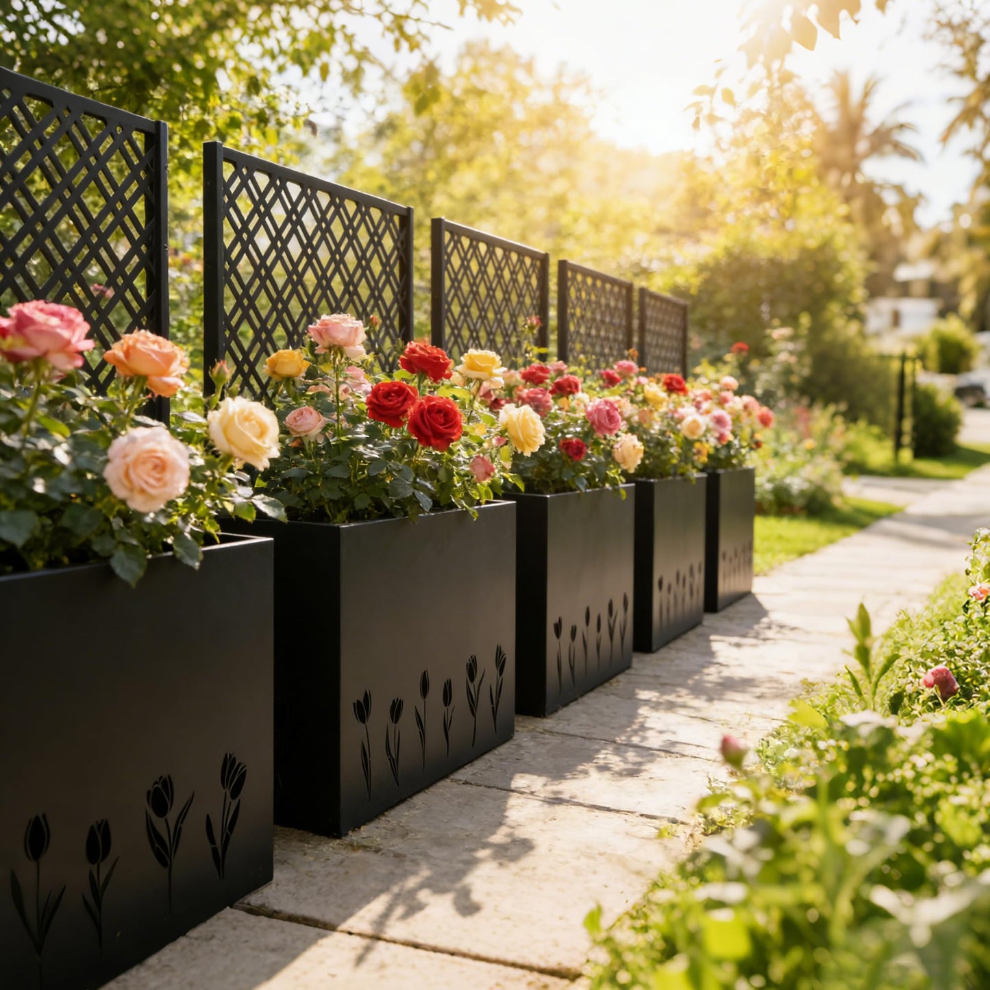 Amacv Tall Metal Planter Raised Garden Bed with Trellis 35.5in L x 11.9in W x 47.3in H - Large Flower Box Privacy Screen for Porch, Patio, Garden, Commercial Décor, Tulip Black