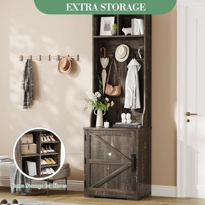 IDEALHOUSE Farmhouse Narrow Coat Rack with Shoe Storage, 23.6" Small Hall Tree with Bench, Entryway Coat Rack with 5 Hooks, 2 Cubbies & 1 Barn Door Cabinet for Entryway, Hallway, Mudroom, White/Brown
