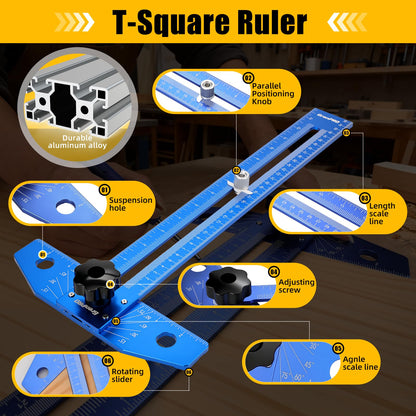 GRENPRO Woodworking Scriber Marking Line Ruler with Carpenter Pencil & Metal Ruler, Adjustable Aluminum Alloy Sliding T-Square Ruler, Measuring Angle Finder with Adjustment Scale,Drawing Aid Rule tool