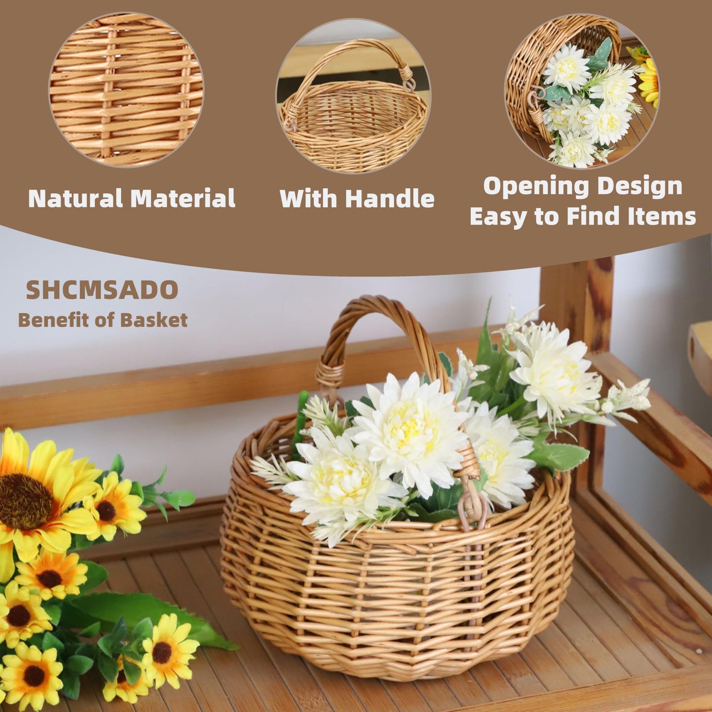 Small Gift Wicker Picnic Basket with Handle,Willow Flower Girl Basket for Weddings，Garden and Home Decor -Wicker Storage Basket-Natural