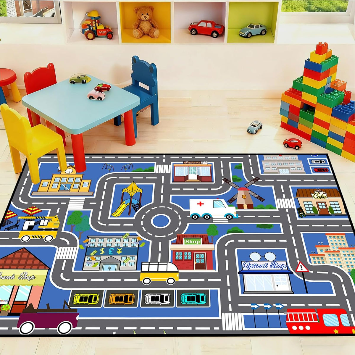 2'5''4' Car Track Rug Blue Road Rug for Kids, Car Traffic Road Play Mat for Kids Room Bedroom Decor City Carpet