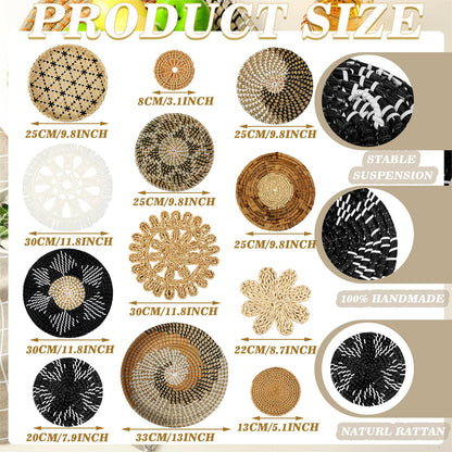 Xuhal 15 Pcs Boho Wall Basket Decor Handcrafted Seagrass Woven Wall Basket Rustic Round Woven Hanging Art for Home Farmhouse Kitchen Table Living Room(Stylish Style)