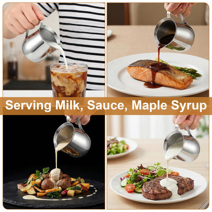 8 Pcs 3 oz (90ml) Mini Milk Creamer Frothing Pitcher Dispenser Container with Handle, Small Stainless Steel Bell-Shaped Creamer for Coffee Barista, Cappuccino, Latte, Restaurant, Bakery, Kitchen Use