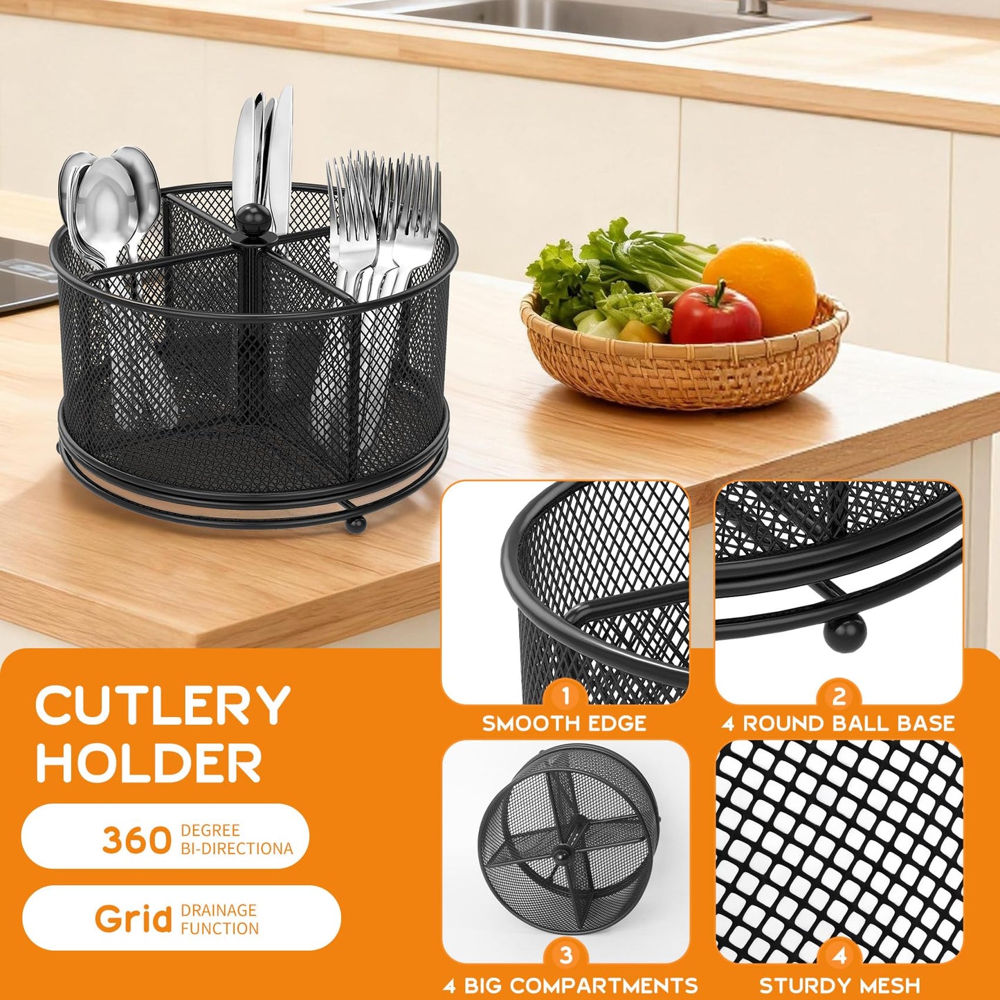 Fylsyd 360° Rotating Metal Utensil Caddy, 4 Compartment Silverware Cutlery Holder, Effortless Access Fork Spoon, Silverware Holder for Party Countertop Buffet Picnic Camping Outdoor (Black)