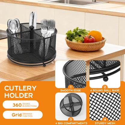 Fylsyd 360° Rotating Metal Utensil Caddy, 4 Compartment Silverware Cutlery Holder, Effortless Access Fork Spoon, Silverware Holder for Party Countertop Buffet Picnic Camping Outdoor (Black)