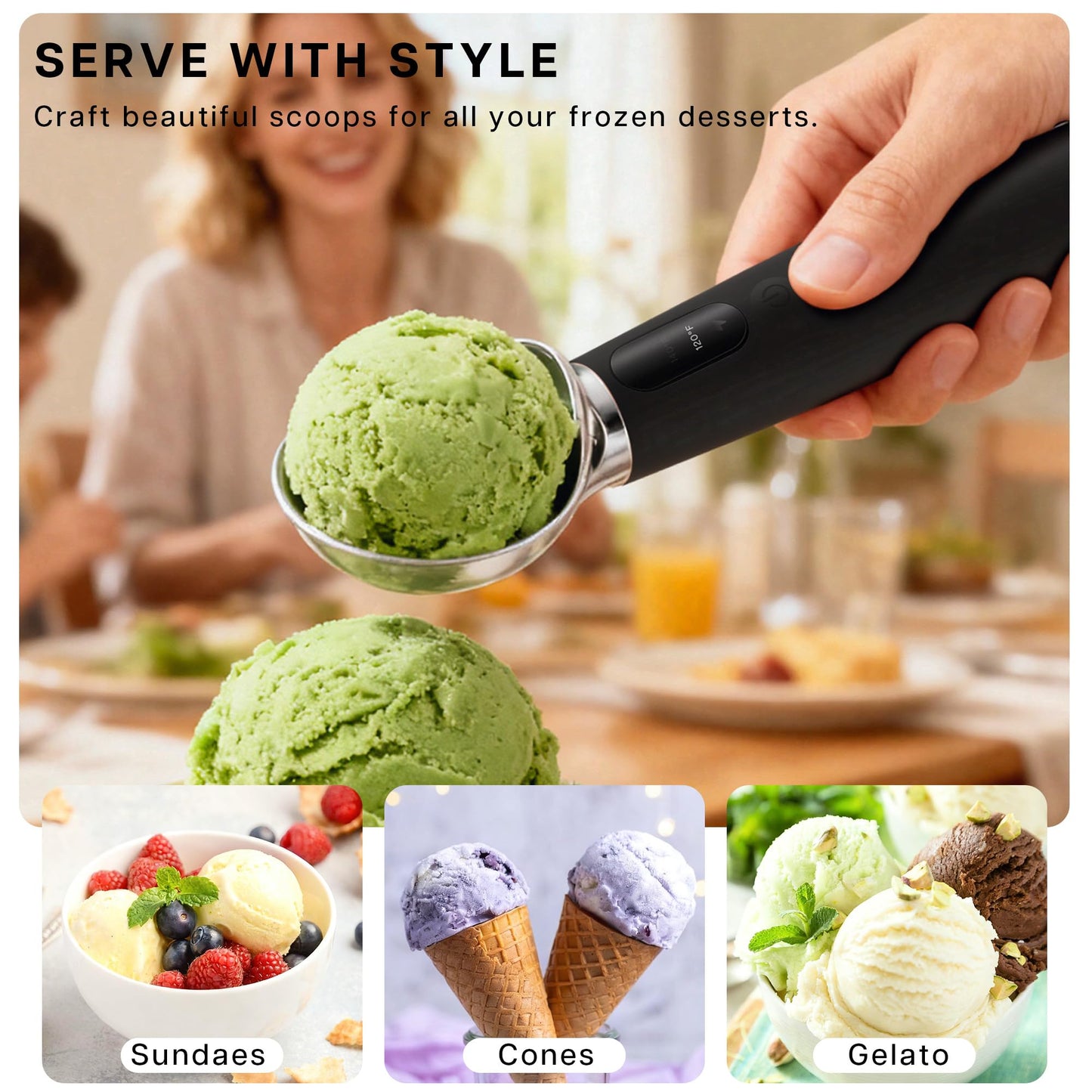 VRAIKO Heated Ice Cream Scoop | Electric Icecream Scooper with 3-Level Adjustable Heats - 120/140/160℉, LED Display, 2600mAh Capacity, Rechargeable | for Hard Ice Cream and More (Black)