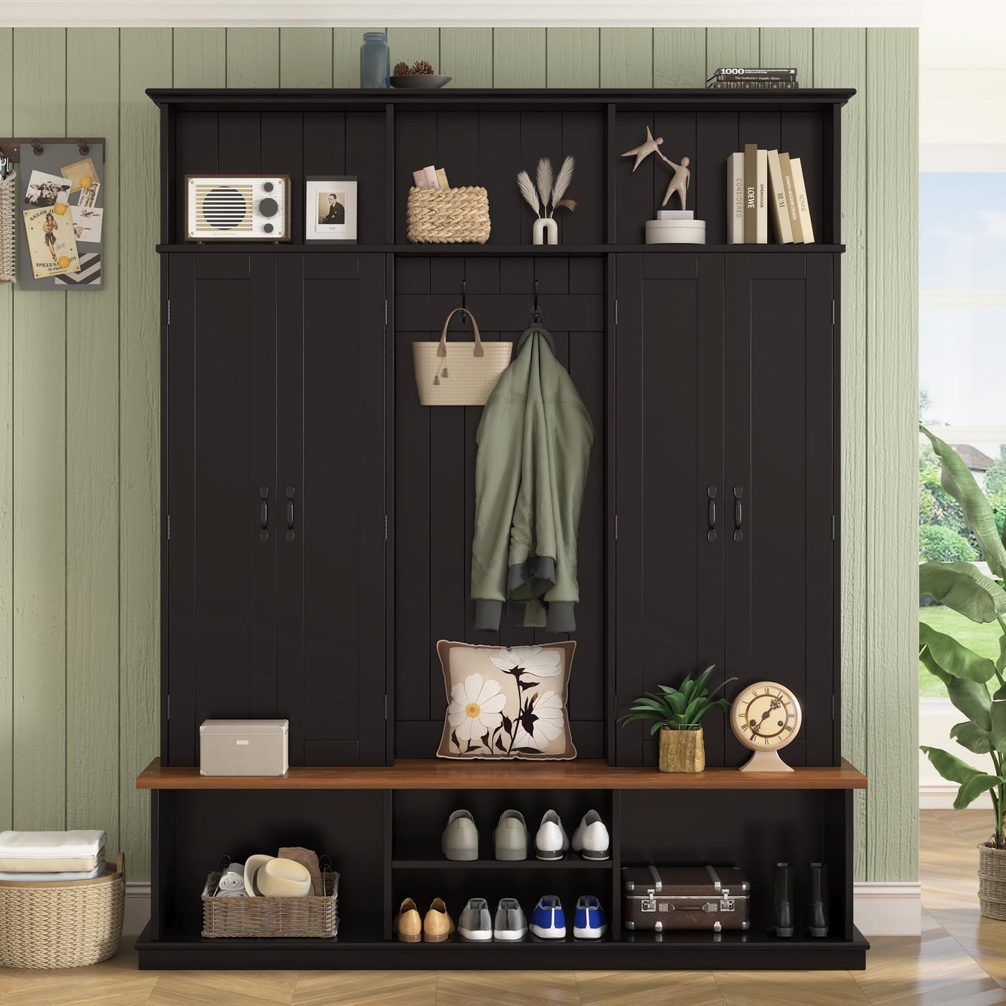 SYMCAVE Hall Tree with Bench and Shoe Storage,Shoe and Coat Rack with Drawer and Hooks,Farmhouse Furniture for Entryway,Mudroom,Living Room,Black (Black, 62.2" W)