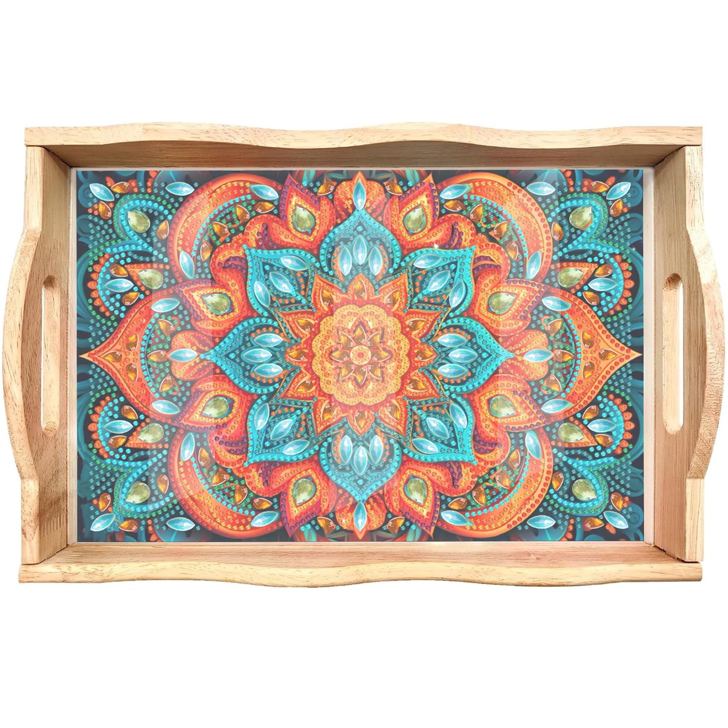 EWJRNSF Diamond Art Kits for Adults Wooden Serving Trays with Handles, 5D Diamond Painting Big Gem Arts and Craft Gifts Trays Decor Gift Home Decor 7.8x11.8 Inches Mandala E