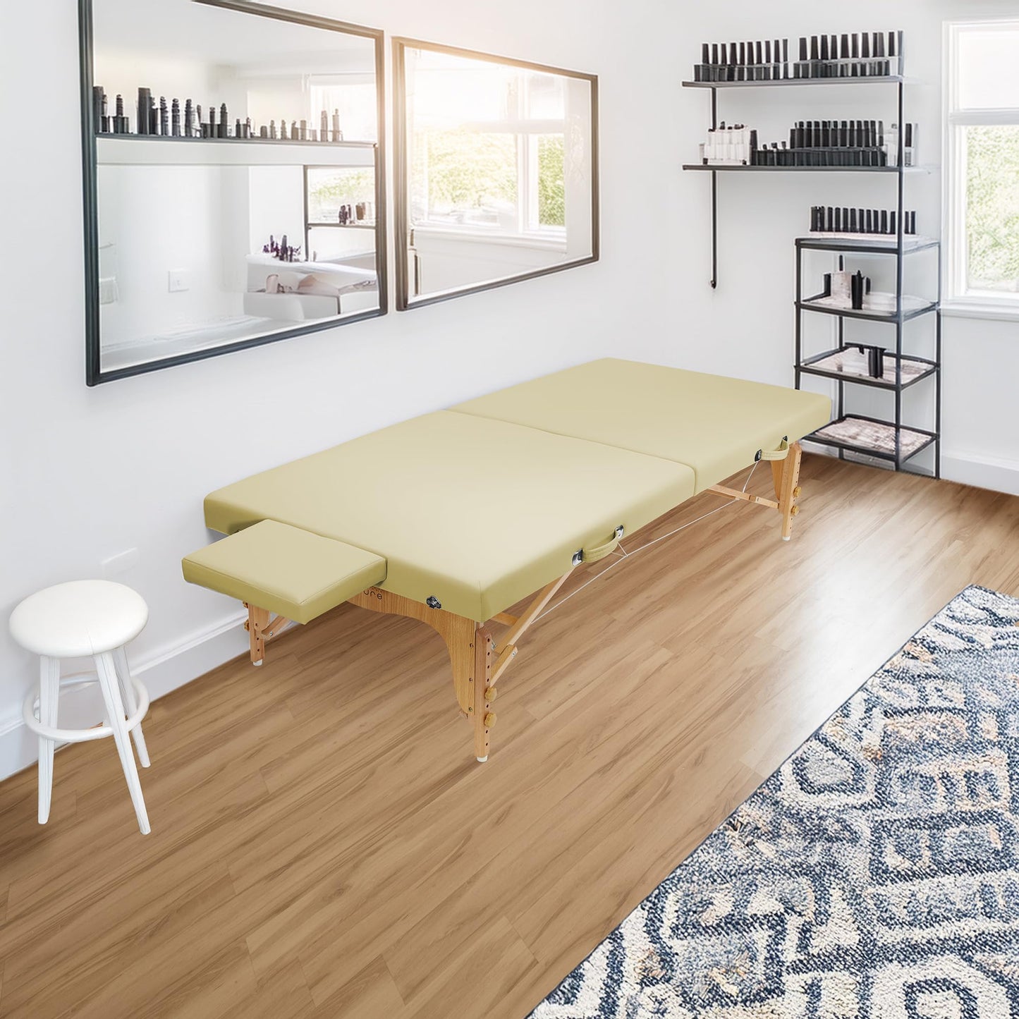Saloniture Portable Physical Therapy Massage Table - Low to Ground Stretching Treatment Mat Platform - Cream