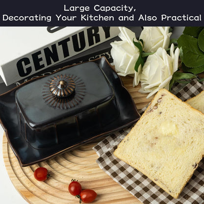 Countertop, 7.5 Inch Butter Dish with Lid for Large Ceramics Butter Dish Container, Butter Holder with Handle, Black