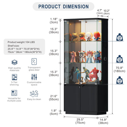 HNEBC 71'' Display Cabinet with Glass Doors&3 Color Lights&Lockable for Bedroom Black,High Gloss Curio Cabinet with Adjustable Glass Shelf 3-Tier Bookcase for Living Room